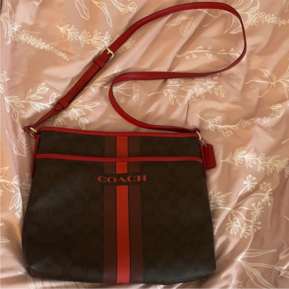 Coach Signature Varsity Stripe Brown and Red Crossbody Bag